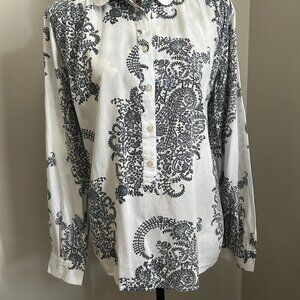 LADIES  "SOFTENED" WHITE/BLACK PAISLEY LONG SLEEVE BLOUSE Sz. XL